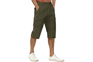 TACVASEN Men's 3/4 Length Shorts Cotton Casual Capri Cargo Shorts Cropped Trousers with Multi Pockets
