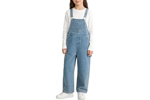 Rolanko Girls Jeans Bib Overalls, Baggy Denim Dungarees Jumpsuit for Big Kids