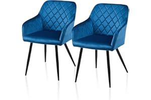 TUKAILAi 2PCS Velvet Dining Chairs Set of 2 Leisure Lounge Accent Chairs with Padded Seat, Metal Legs, Arms, Backrest Living Dining Kitchen Room Bedroom Reception Diamond Design Blue