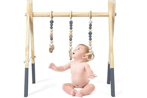 GOPLUS Portique d’Eveil Bébé Pliable en Bois, Arche d'Éveil Bébé Plus de 3 Mois avec 3 Anneaux de Tirage de Jeu, 60 x 44 x 60 CM (Gris)