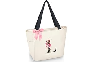 Vavabox A-Z Initial Personalized Tote Bag,Waterproof Gifts for Women, Bridesmaids,Mom,Teachers,Friends (L, Beige)