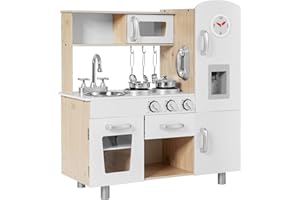 COSTWAY Cocina Juguete de Madera con Teléfono, Cocinita de Madera Infantil con Nevera, Microondas, Fregadero Desmontable, Dispensador de Agua con Luz y Sonido, Cocina Infantil para Niños (Natural)