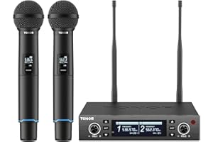 TONOR sistema microfono wireless, microfono ricaricabile professionale, microfono dinamico cordless in metallo 2x100 UHF per karaoke, chiesa, canto, matrimonio, riunione, DJ, Auto Scan, 328ft, TW750