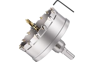 METALLIXITY Hole Saw Kit 83mm (3-17/64"), Tungsten Carbide Hole Cutter with Center Drill Bit, Hex Key and Spring - for Hard Metals, Stainless Steel Sheets, Square Tubes, Fiberglass. Silver