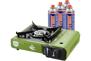 ELMA Hornillo de Gas de Camping, Portátil, Doble Combustible, Incluye Maletín y 4 Cartuchos de Gas, Regulador de Llama Variable, 2,3 Kw, Verde