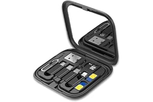 Qreninv Scatola portatile multifunzionale per adattatori e cavi dati, include cavo Type-C, adattatori Micro USB a Type-C, USB-C a USB-A, USB-C a Lightning e supporto per smartphone.