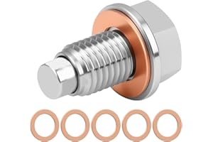 TIMES MARK Magnetic Oil Drain Plug with Copper Crush Washer – M12 X 1.5 Stainless Steel Sump Drain Nut Bolt, Oil Plug Replacement, Magnetic Oil Drain for Cars Motorcycles –5 Washers, Universal Fit