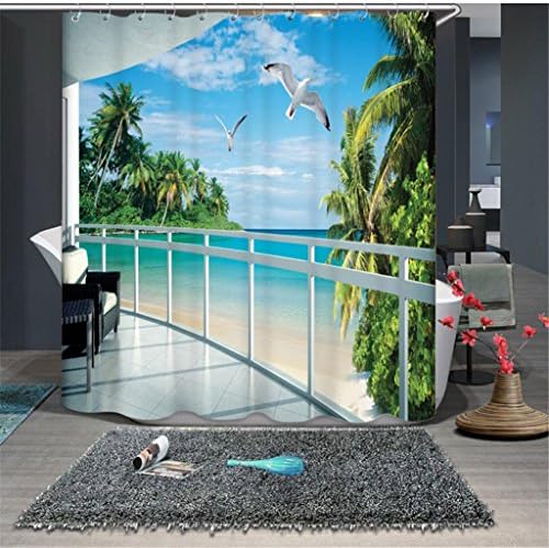 Dbtxwd Polyester Shower curtain 3D The villa terrace by the sea The dove is flying under the blue sky Visual space Printing Home Decoration Waterproof Mildew Resistant Hanging curtains , 165*180cm