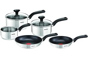 Tefal Comfort Max 5-Piece Stainless Steel Pots & Pan Set: Durable Cookware for Healthy Cooking, Induction Compatible, with Stay-Cool Ergonomic Handles. C972S544