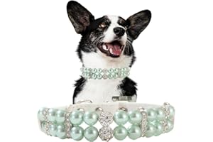 HOTLION Pearl Dog Collar For Small Dogs, Cute Pu Leather Beaded Cat Necklace With Rhinestone Diamond For Puppy Small Medium Dogs Wedding & Birthday Party