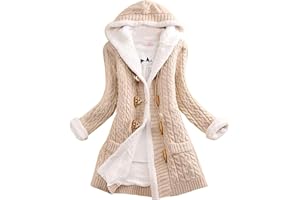 EMUKFD Womens Winter Hooded Cardigans Button Up Cable Knit Sweater Coat Winter Chunky Open Front Outerwear with Pockets