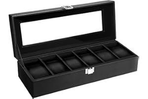 Uten Watch Box 6 Slots, Watch Case with Glass Lid, Watch Display Storage Box for Men and Women, Removable Watch Pillows, Metal Clasp, Black Synthetic Leather, Black Velvet Lining, Gift Idea