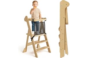 COSYLAND Tour d’Observation Montessori Enfant Pliable – If Design Award, Tour d’Apprentissage en Bois Réglable en Hauteur dès 1 an avec Filet de Sécurité, Kitchen Helper Bébé – Classic Natural