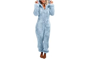 KOMISEUP Damen Große Größe Jumpsuit Teddy Fleece Einteiler Onesie Plüsch Overall Lang Pyjama Bequemer Hausanzug Anzug Flauschig Schlafanzug Flauschig und Kuschelig Weich Warm Loungewear Overall Warm