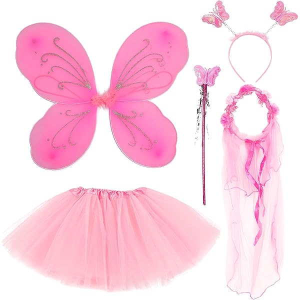 Lot 2 Ailes De Fée Enfants + Baguette Et Bandeau Papillon – Déguisement Princesse Rose Pour Anniversaire, Halloween