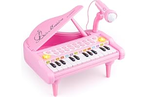 AmyBenton Rosa pianotangentleksak för flickor med mikrofon och musikstativ | 24 tangenter – 8 slagverk och 4 musikinstrument, 22 demolåtar, födelsedagspresent för 3-7 år gamla flickor