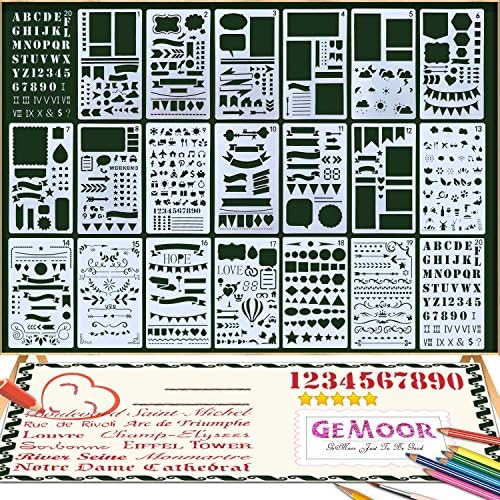 GeMoor 20 Pcs Bullet Journal Stencil Set Drawing Stencil Plastic Template for Notebook Journaling DIY Scrapbook Projects 4 x 7 Inch