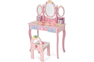 LIFEZEAL Schminktisch Kinder, Kosmetiktisch mit 3-Faltigem Spiegel, 2-in-1 Frisiertisch mit Hocker & 3 Schubladen, Make up Tisch Set für Mädchen inkl. einigen Accessoires, im Erdbeermuster, Rosa