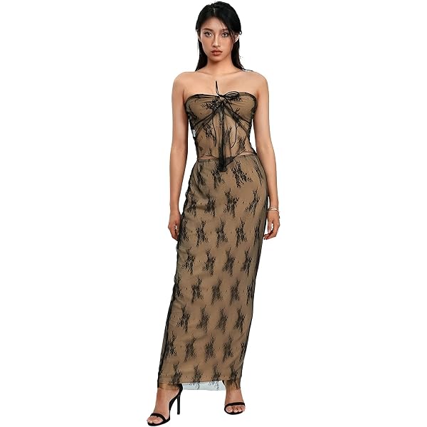 Women's Floral Satin Maxi Skirt Set - Strapless Crop Top & Slit Long Skirt Y2K Outfit