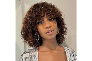 FASHION IDOL Perruques courtes et bouclées en cheveux humains avec franges 25CM Jerry Curl Bob Human Hair Brazilian Virgin Human Hair None Lace Front Wigs for Black Women Ombre Brown Wigs