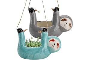Okllen 2er-Pack Keramik Faultier Hängepflanzgefäß, Niedliches Faultier Sukkulenten Pflanzgefäß Wandhängender Pflanzenhalter Faultiergeschenke für Töpferbonsai, Innen und Außendekor, Grau, Blau