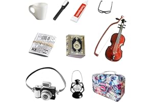 AVCXEC Miniaturowe akcesoria do domku dla lalek, zestaw 10 sztuk, miniaturowy skrzat, zestaw z walizką, szczoteczkami do zębów, pastą do zębów, książkami, okularami, aparatem, gitarą, gazetą do domku