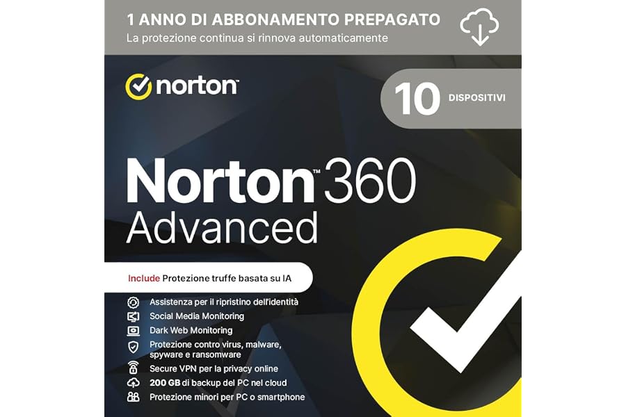 Norton 360 Advanced 2025 | Antivirus per 10 dispositivi | 200 Gb di backup | Licenza di 1 anno con rinnovo automatico | PC, M