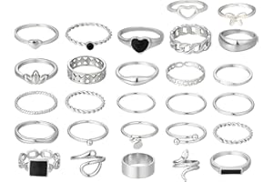 WBZOWRB 27 Pezzi Set Anelli Acciaio Inossidabile Donna, Boho Anelli Aperto Minimalista Impilabili, Punk Anelli Argento Regolabili Nocche Anello Con Cuore Farfalla Serpente Donna(Argento)
