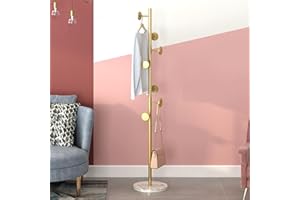 YENTAKE Garderobenständer aus Metall, Freistehender Kleiderständer, Garderobe,Mit 7 Haken, für Kleidung, Hüte, Jackenständer für Eingang, Wohnzimmer (Stil A-Golden 1)