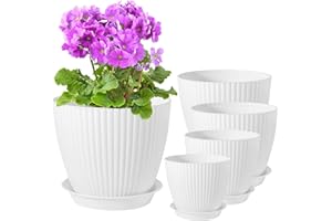 PROFIKLA 18/15/14/13/11.5cm Plastic Plant Pots, Pack of 5 Flower Pots, Plant Pots with Drainage Holes and Saucers, Modern Decorative Planters, White