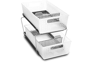 madesmart 2-Tier Organizer Bath Collection Slide-out Baskets with Handles, Space Saving, Multi-purpose Storage & BPA-Fre, Large, Frost-with Dividers
