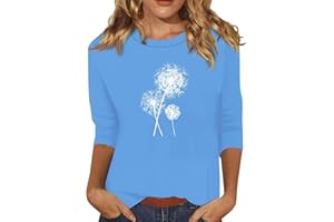 SCBFDI T Shirts for Women UK, 3/4 Sleeve T Shirts for Women Dandelion Graphic Round Neck Casual Blouses Fashion Print Dressy Tops Trendy Boho Clothes