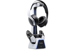 Tilted Nation RGB Headset Stand with Charging Station - for PlayStation or PC - PS4 / PS5 Controller Holder with Charger - Headphone and Game Controller Holder for Desk - White