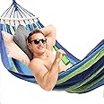 Baskety Camping Hammock, Striped Canvas Fabric Portable Garden Hammocks Ultralight Outdoor Beach Swing Bed with Strong Rope (280 * 100 cm, Blue)