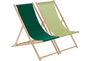 Harbour Housewares 2 Piece Lime & Green Wooden Deck Chair Traditional FSC Wood Folding Adjustable Garden/Beach Sun Lounger Recliner