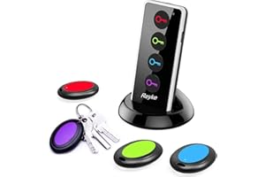 Reyke Localisateur de clés, 80 DB sans Fil RF avec portée de Travail de 39,6 m, télécommande avec Lampe de Poche LED, Support de Base pour clés, Portefeuille, téléphone et Animal Domestique