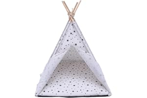 VILLCASE Pet Teepee Tents, Portable Dog Teepee Bed with Thick Cushion, Stars Pattern Teepee Tent House for Small Dogs or Cats