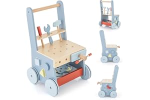 RELAX4LIFE 2 in-1 Carrello Primi Passi in Legno con Banco da Lavoro di Legno, Attrezzi Montessori, 4 Ruote, 30 x 30 x 47 cm
