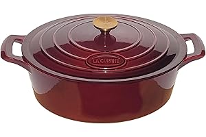 LA CUISINE FOR LIFE La Cuisine Casseruola Ovale in Ghisa Smaltata, 6,5 L, 33 cm, Rivestimento Interno Smaltato Nero Opaco, Mirtillo Rosso, Manico del Coperchio in Acciaio Inossidabile Placcato Oro, Adatto al Forno
