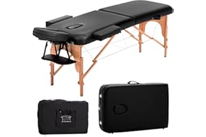 JL Comfurni Portable Massage Table, 2 Section Beauty Bed with Face Hole, Lightweight and Foldable Lash Bed with Carry Bag for Tattoo, Beauty Salon, Therapy(Wooden Frame, 60cm Width, Black)