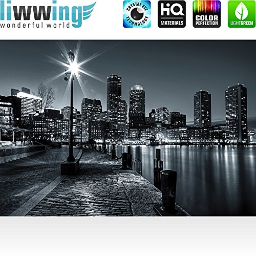 Vlies Fototapete 400×280 cm PREMIUM PLUS Wand Foto Tapete Wand Bild Vliestapete – New York Tapete Laterne Nacht Skyline Lichter Fluss schwarz – weiß – no. 843 - 2