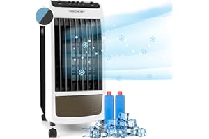 Oneconcept Caribbean Blue. Refrigeratore d'aria portatile, ventilatore, umidificatore, 3 velocità, flusso d'aria 400 m3/h, 70 W, serbatoio 4 L, 2 contenitori ghiaccio, oscillazione, 4 ruote bianco