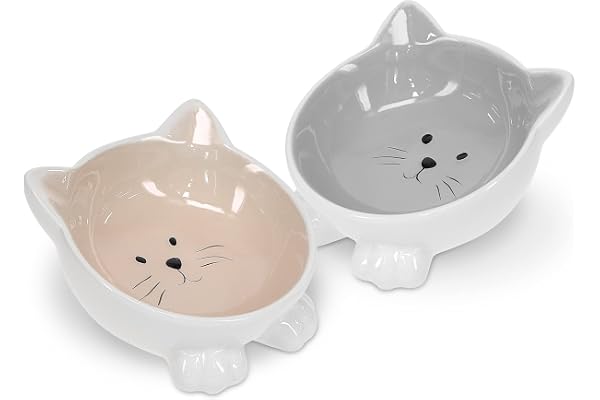 Navaris 2X Gamelle Chat en Céramique - Lot 2X Bol Design pour Chat Chaton avec Socle Antidérapant - Anti-éraflure - Compatible Lave-Vaisselle