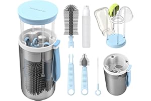 GECIC 6 in 1 Reise Flaschenbürsten Set Baby Flaschenbürste Silikon, Baby Flaschen Trockengestell Babyflaschen Nippel Bürste, Flaschenreiniger für Unterwegs, Strohhalm Reinigungsbürste, Seifenspender, Blau