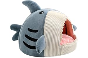 ZAPDOS Niche pour chat en forme de requin douce et chaude, maison amovible et lavable avec coussin épais et fond antidérapant, tente pour chat