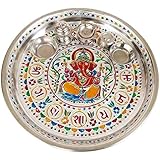 Balaji arts Exclusive GANESHA DESIGNED STAINLESS STEEL MEENAKARI Attractive PLATE/ PUJA THALI-SILVER MEENA WITH 5 TUMBLERS (11" x 11" x 0.75" INCHES)