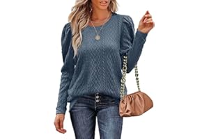 Aokosor Damen Strickpullover Elegant Rundhals Pullover Puffärmel Langarm Winterkleid Herbst Winter Oberteile Tops