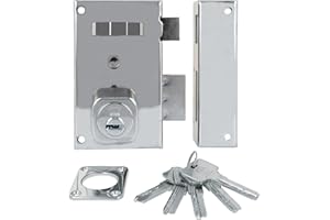 Amig - Cerradura de Sobreponer de Derecha con Palanca de Cierre, Lengüeta y Tirador para Puertas de Madera Mod. 75, 67 x 112 mm, Cilindro Redondo de Seguridad, Acero Plateado