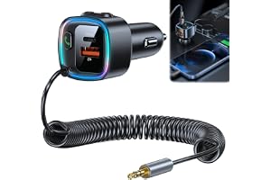 SGZIOO Bluetooth-adapter Auto Aux, 5,4 Bluetooth Aux-adaptrar, adapter billigarettändare, med 90 cm fjädertråd, 3,5 mm AUX-ljudport, med PD 30 W och QC 12 W snabbladdning
