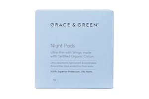 GRACE AND GREEN Grace & Green - Cotton Night Sanitary Pads - with Wings - 100% Organic, Biodegradable Cotton - Individually Wrapped - Free from Plastic - 8X Pads